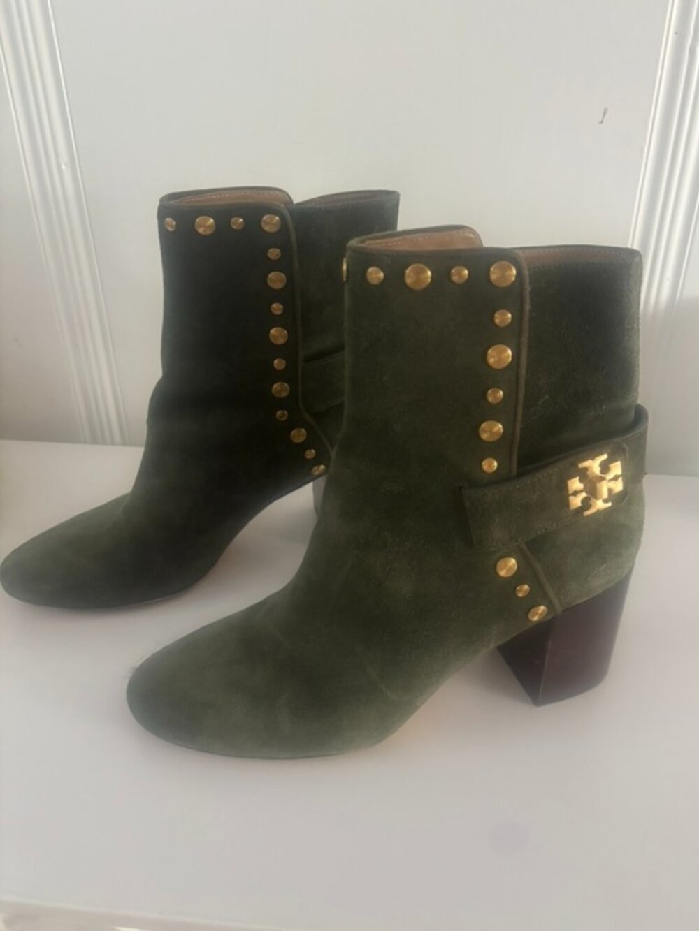 Tori Burch Kira Boots, Olive Green with Studded Gold Hardware- US Size 8